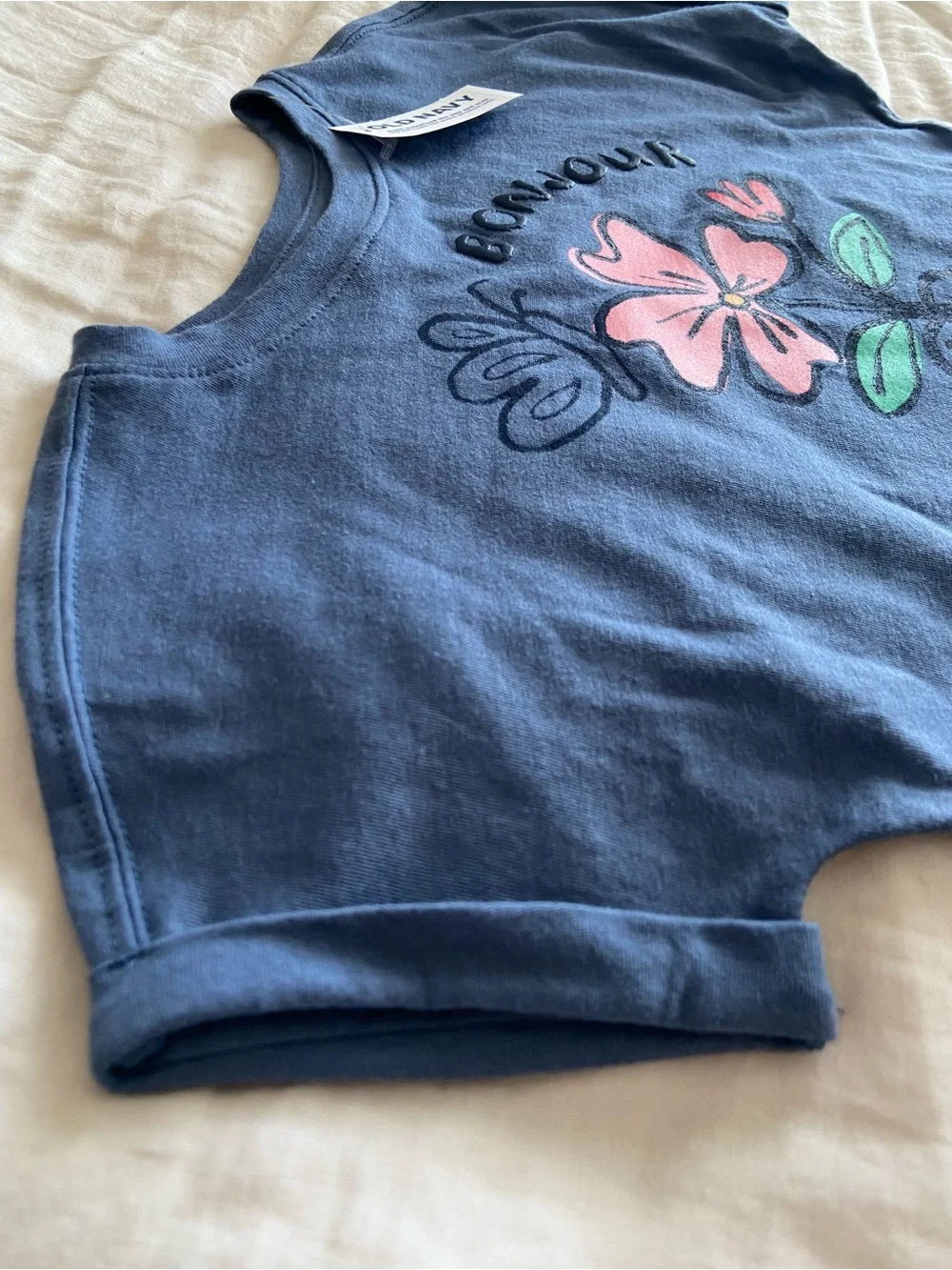 NWT Kids Blue 'Bonjour' Flower Graphic Tee (Size 2T)